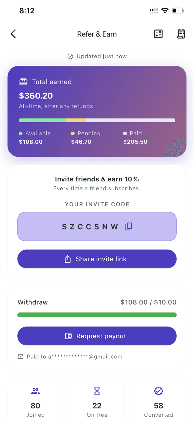 Refer & Earn — track your earnings and cash out in the app